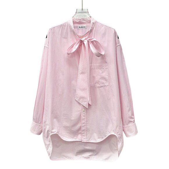 Balenciaga Pink Striped Logo Letter Print Cotton Bow Tie Long Sleeve Shirt - Picture 1 of 8